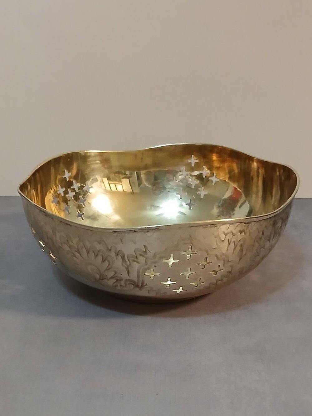 Vintage Brass Hand Crafted Bowl with Floral Etching and Cut Out Designs